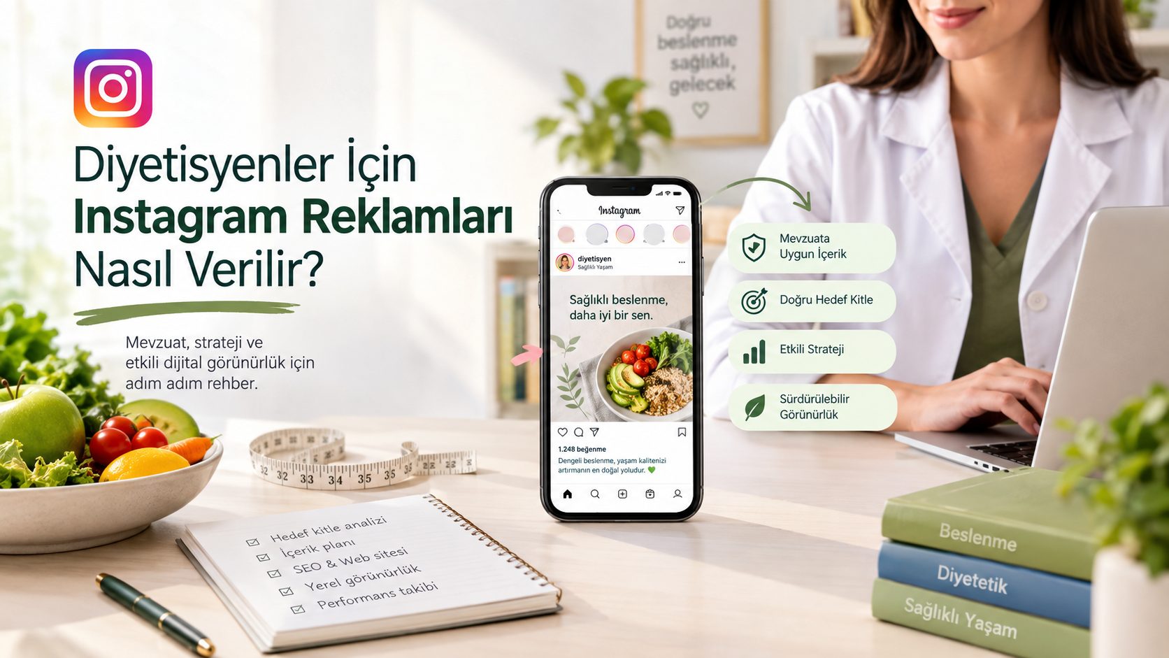 Diyetisyenler için Instagram reklamları: mevzuata uygun içerik, hedef kitle ve dijital görünürlük stratejisini gösteren infografik
