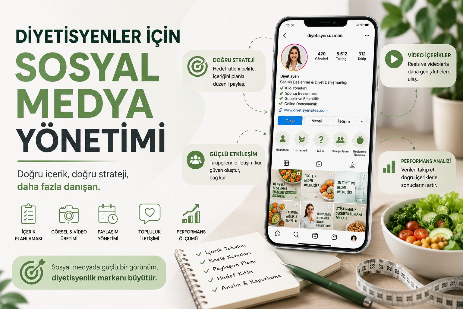 Diyetisyenler için sosyal medya yönetimi: içerik planlaması, Reels üretimi ve performans analizini gösteren Instagram profil örneği